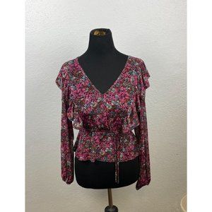SO Women's Floral Long Sleeve Surplice Gathered Waist Ruffle Blouse - Size XS